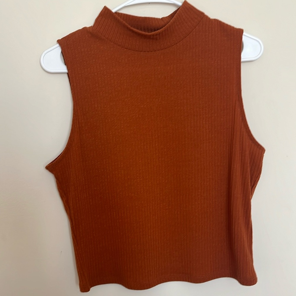 Burnt orange mock neck sleeveless top